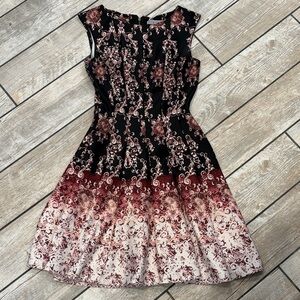 Danny & Nicole Black, Burgundy and Cream Floral Fit-and-Flare Midi Dress